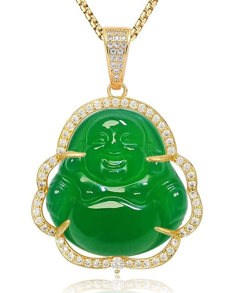 Laughing Buddha Necklace Jade Buddha Pendant with 18k Gold Plated Chain Lucky Buddah Neckless for Women Men Gold-Green 24 Inc...