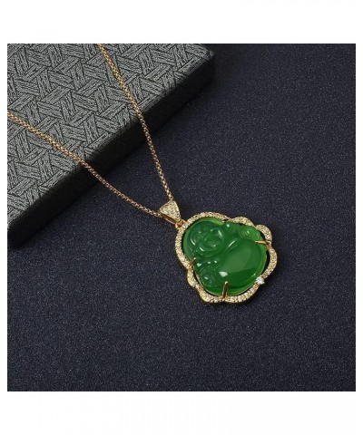 Laughing Buddha Necklace Jade Buddha Pendant with 18k Gold Plated Chain Lucky Buddah Neckless for Women Men Gold-Green 24 Inc...