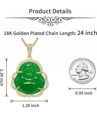 Laughing Buddha Necklace Jade Buddha Pendant with 18k Gold Plated Chain Lucky Buddah Neckless for Women Men Gold-Green 24 Inc...