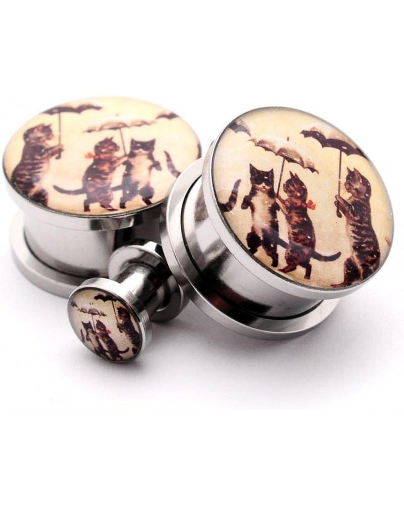 Screw on Plugs - Cats With Umbrellas Picture Plugs - Sold As a Pair 00g (10mm) $10.00 Body Jewelry