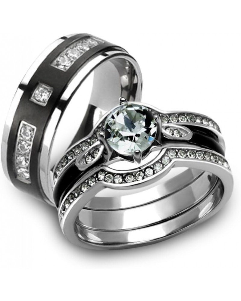 Her and His 4 Piece Silver and Black Stainless Steel and Titanium Wedding Ring Band Set Size Women's 05 Men's 09 $20.50 Sets