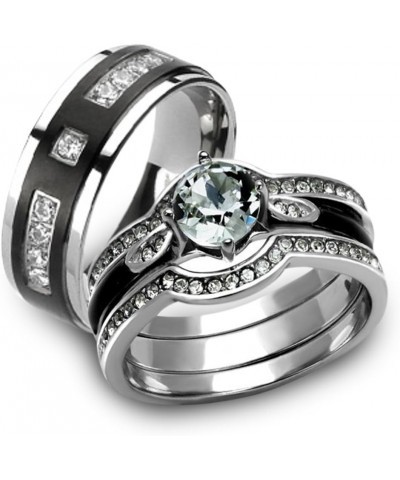 Her and His 4 Piece Silver and Black Stainless Steel and Titanium Wedding Ring Band Set Size Women's 05 Men's 09 $20.50 Sets